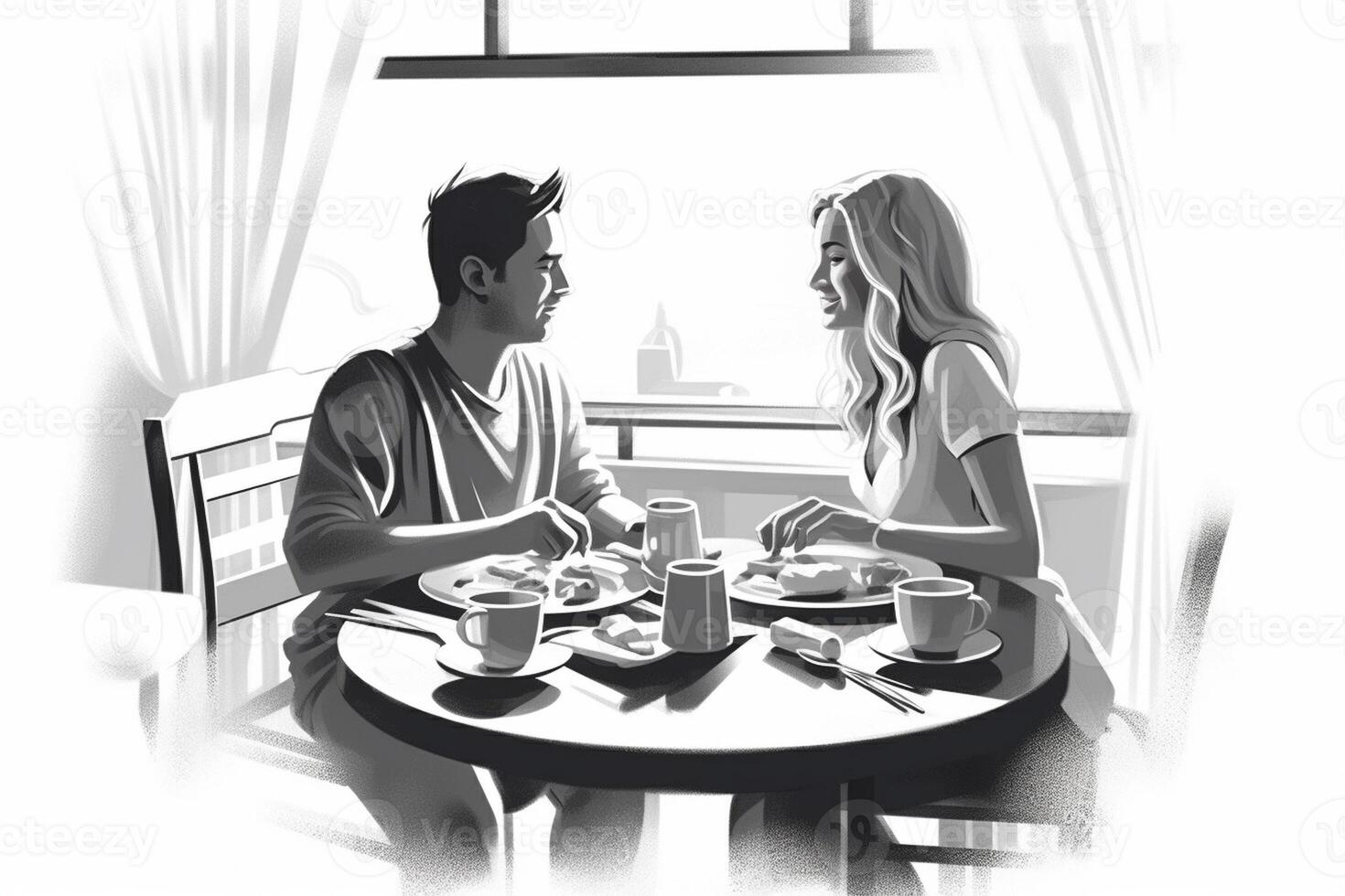 ai generativ jung glücklich Paar Sitzung durch Tabelle haben Frühstück zusammen beim Morgen Fokus auf das Hand foto