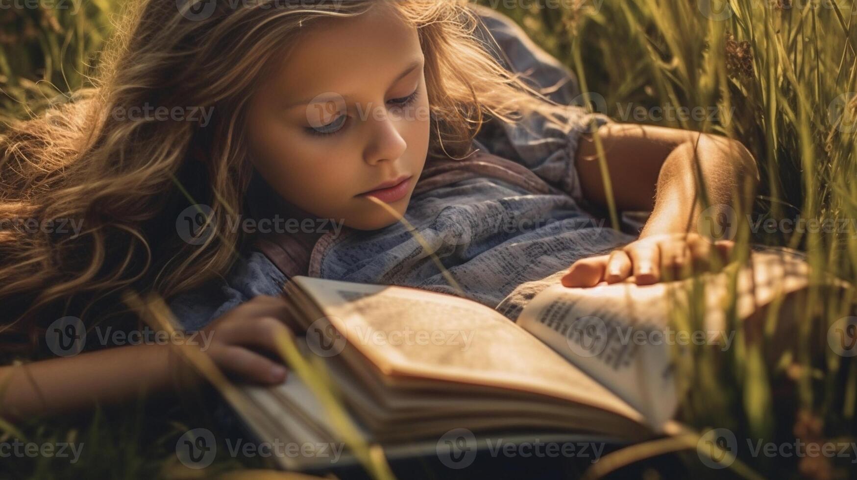 ai generativ Mädchen lesen ein Buch Lügen auf das Gras Menschen Bildung Natur und Lebensstil Konzept foto