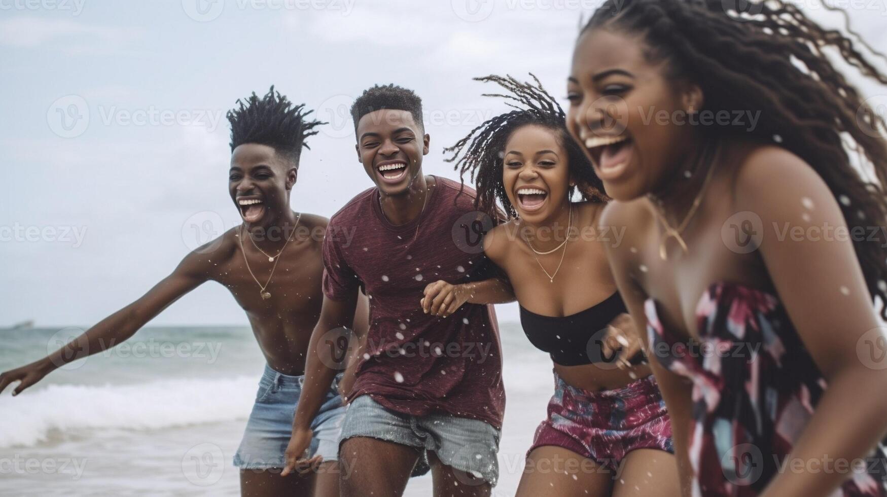 ai generativ Gruppe von freunde Lachen beim Meer foto