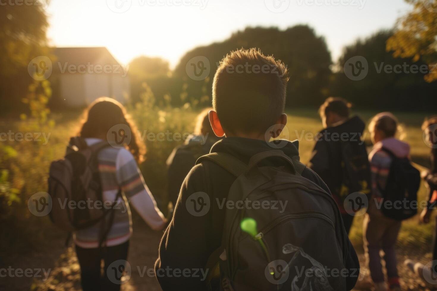 ai generiert zuerst Tag elementar Schule Gruppe wenig Kinder Schulkinder Schüler Studenten zusammen gehen Hochschule Klasse Lektion Studie lernen Rucksäcke zurück Sicht. Neu akademisch Semester Jahr Start primär foto