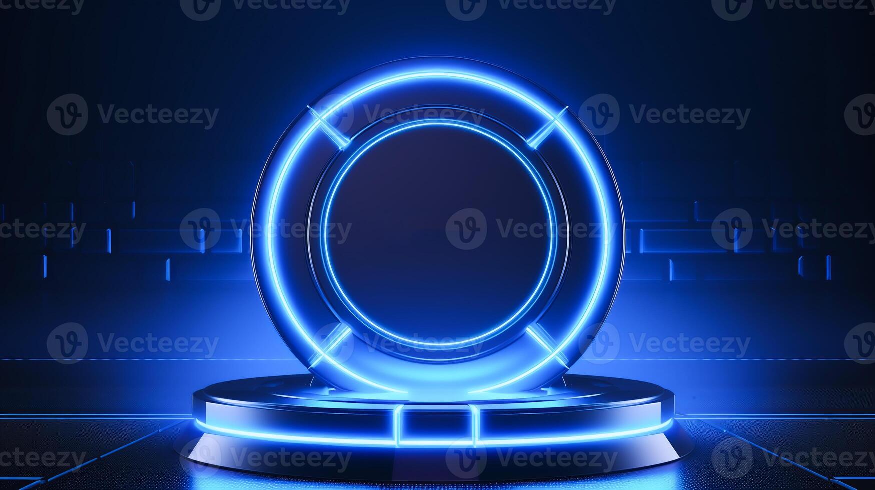 ai generiert futuristisch Blau LED Licht Kreis Podium zum Produkt Anzeige auf ein dunkel Technik Hintergrund. foto