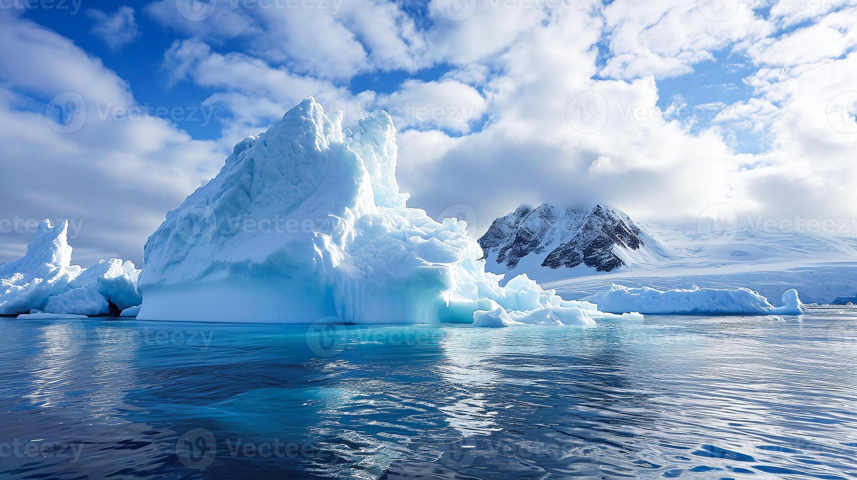 ai generiert Antarktis Eisberge unter Blau Himmel mit heiter Ozean und schneebedeckt Berge, perfekt zum Klima Veränderung Themen. foto