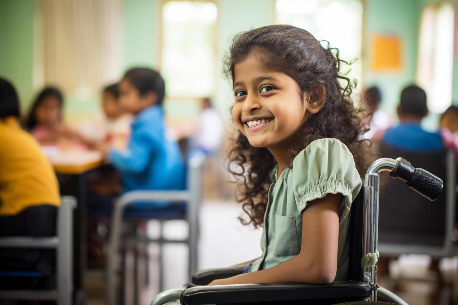 ai generiert jung indisch deaktiviert Mädchen Sitzung auf Rollstuhl beim Schule lächelnd Bokeh Stil Hintergrund mit generativ ai foto