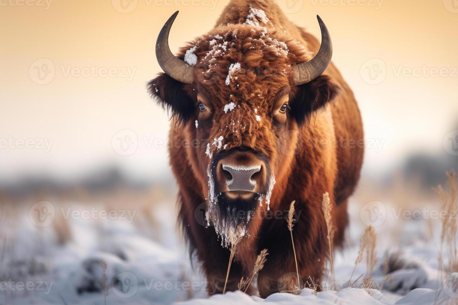 ai generiert Stier Stehen im das Schnee Wetter Bokeh Stil Hintergrund mit generativ ai foto