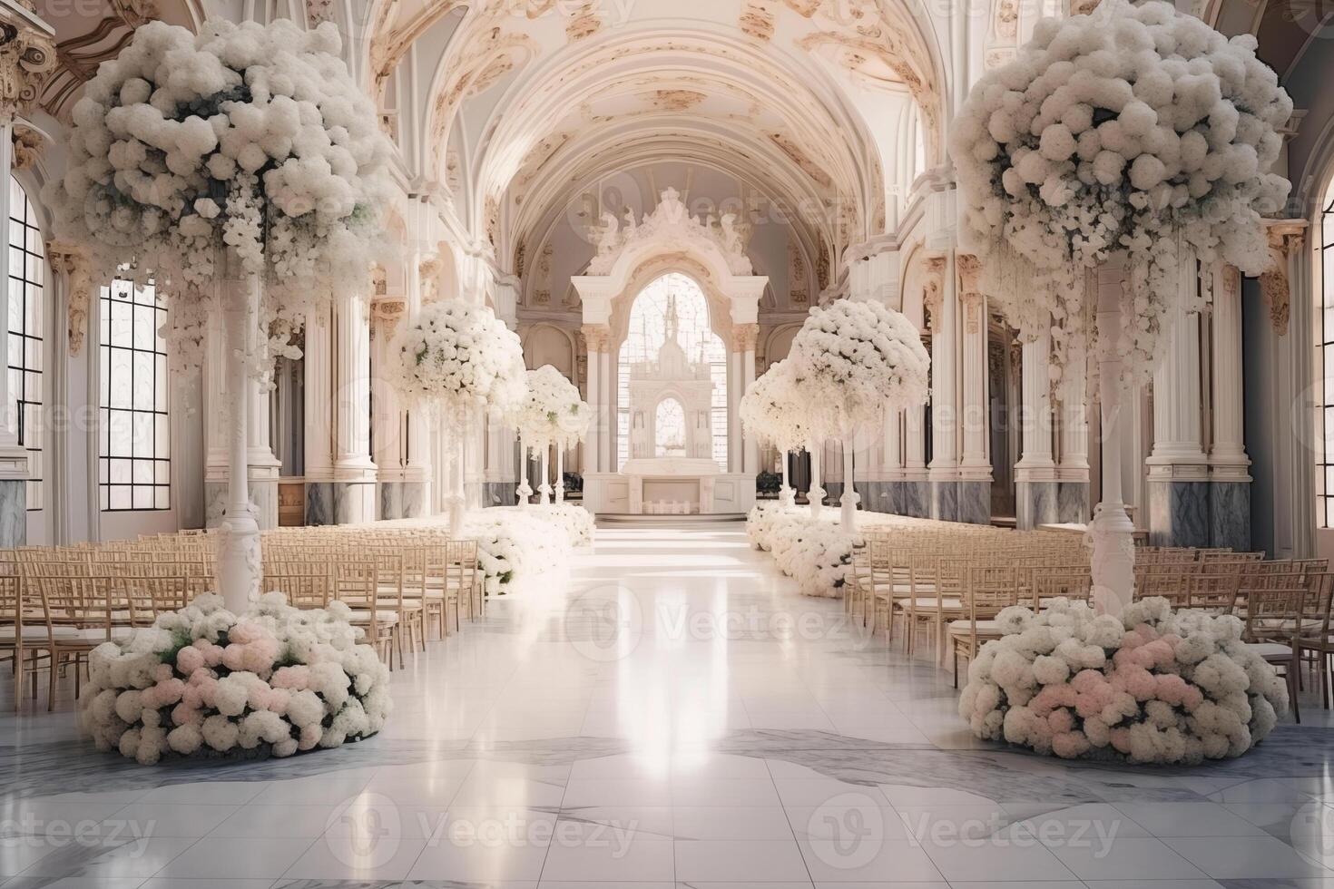 ai generiert schön Luxus elegant Innere Hochzeit Halle Dekoration zum ein romantisch Hochzeit Zeremonie foto