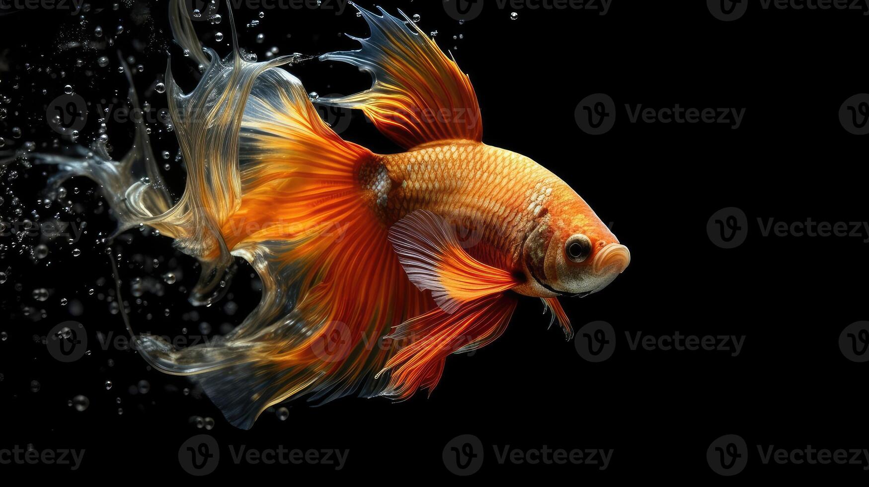 ai generiert majestätisch golden Orange Betta Fisch Schwimmen mit ein isoliert schwarz Hintergrund. foto