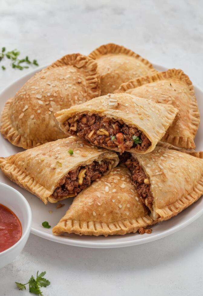 ai generiert Rindfleisch Empanadas mit Eintauchen Soße foto