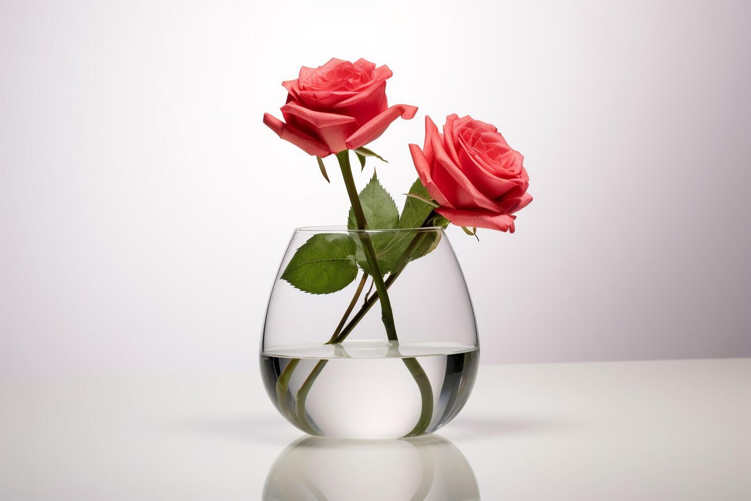 ai generiert Rosen im ein Glas Vase auf ein hölzern Tisch. minimalistisch Haus Zier Pflanzen. foto