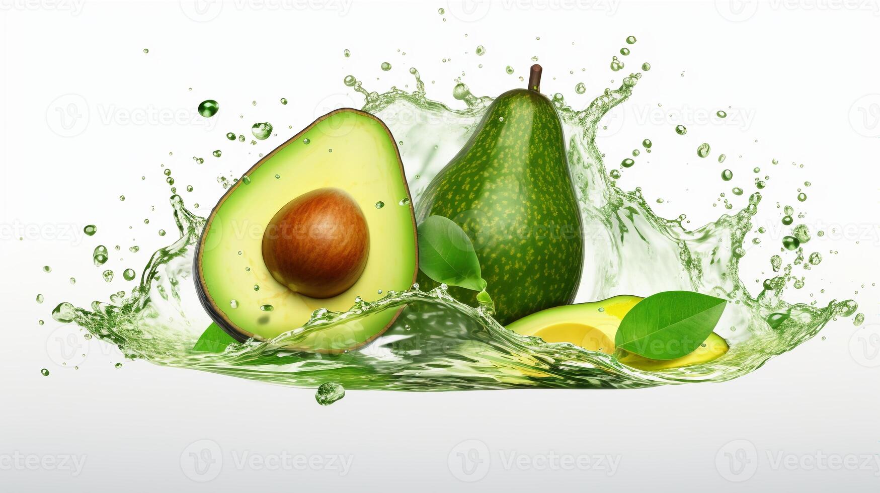 ai generiert Avocado mit Wasser Spritzen isoliert auf Weiß Hintergrund. foto