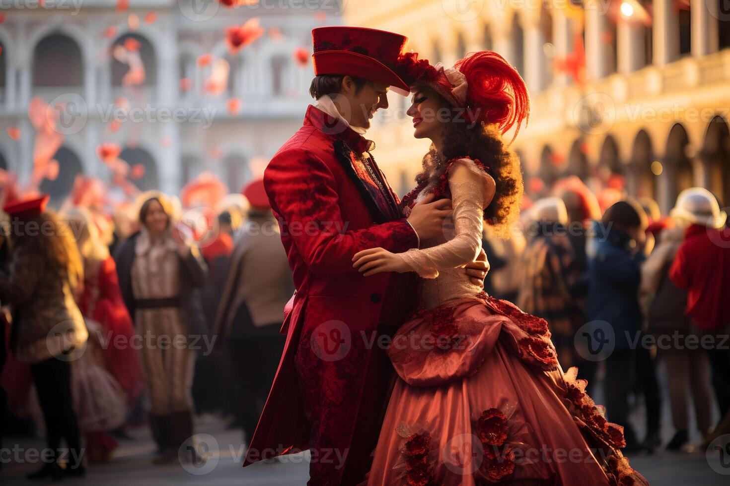 ai generiert schön Nahansicht Porträt von jung Paar im traditionell venezianisch Karneval Maske und Kostüm, Tanzen beim das National Venedig Festival im Italien. foto