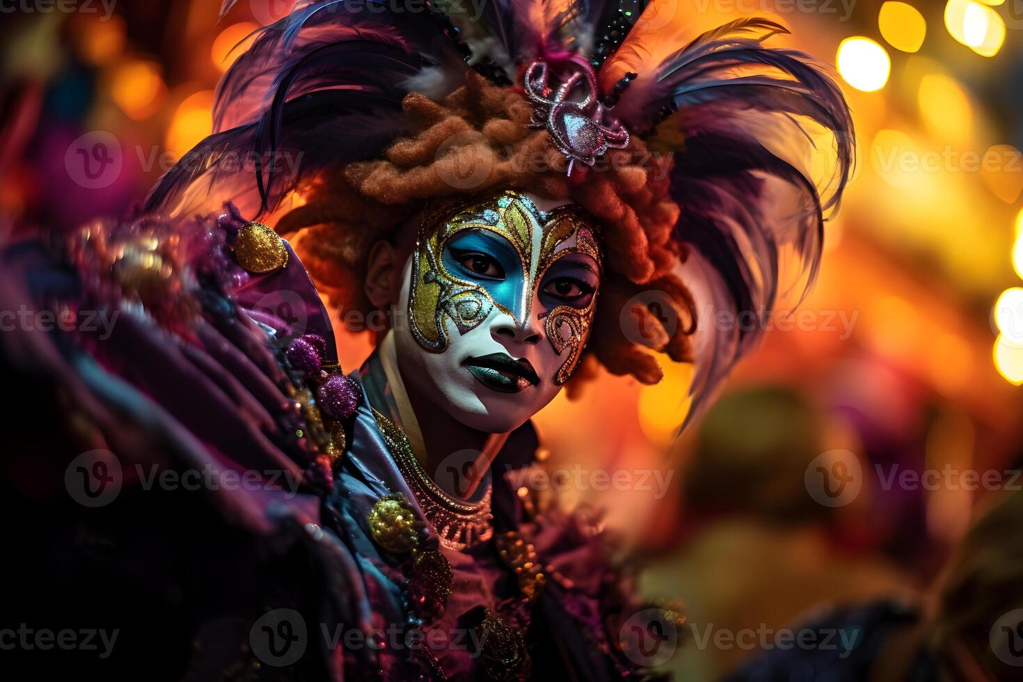 ai generiert schön Nahansicht Porträt von jung Mann im traditionell venezianisch Karneval Maske und Kostüm, Tanzen beim das National Venedig Festival im Italien. foto