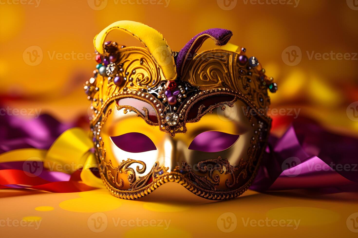 ai generiert bunt traditionell venezianisch oder Karneval gras Karneval Maske mit Dekoration zum National Festival Feier auf Gelb Hintergrund. foto