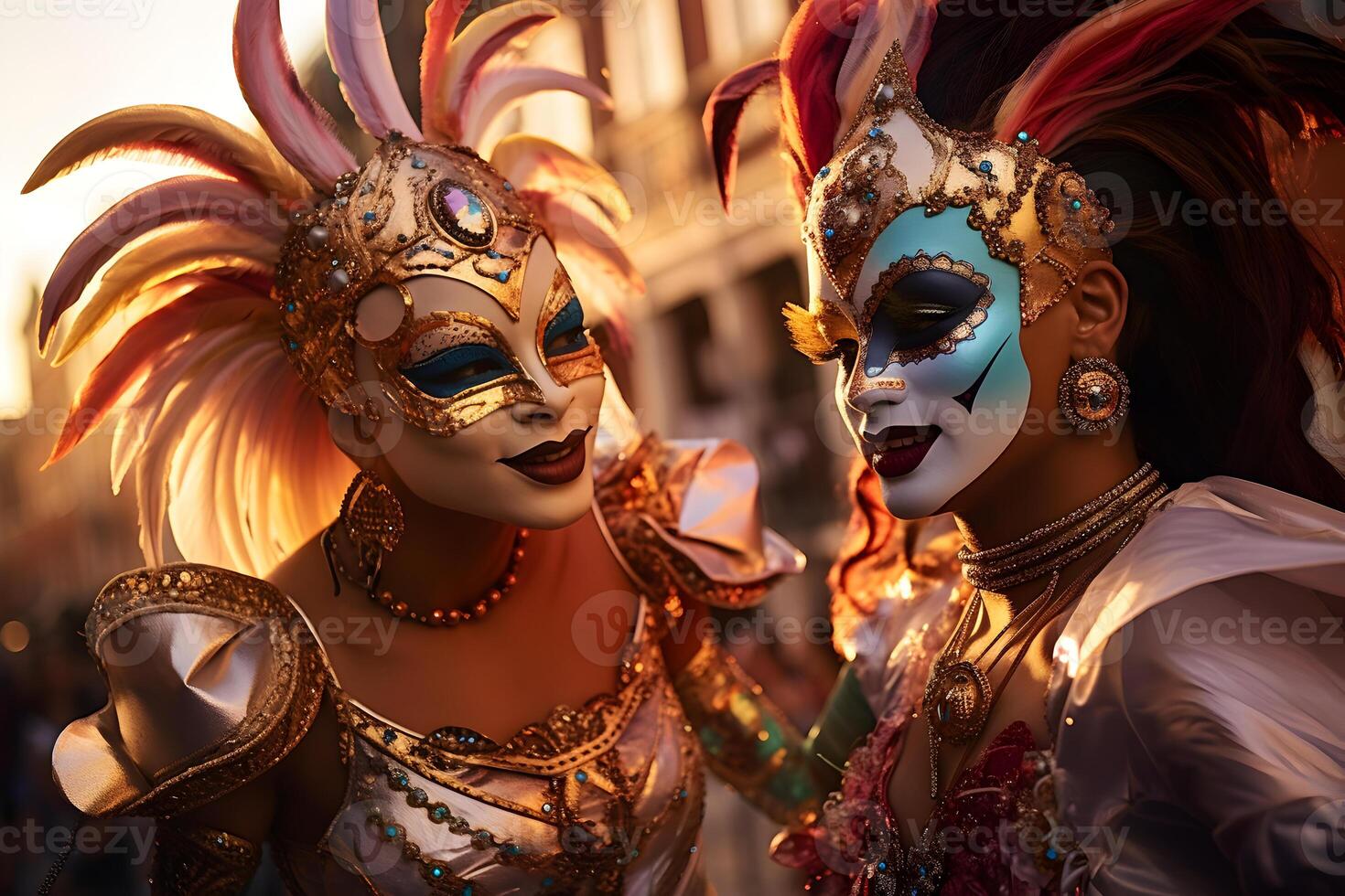 ai generiert schön Nahansicht Porträt von zwei jung Frauen im traditionell venezianisch Karneval Maske und Kostüm, Tanzen beim das National Venedig Festival im Italien. foto