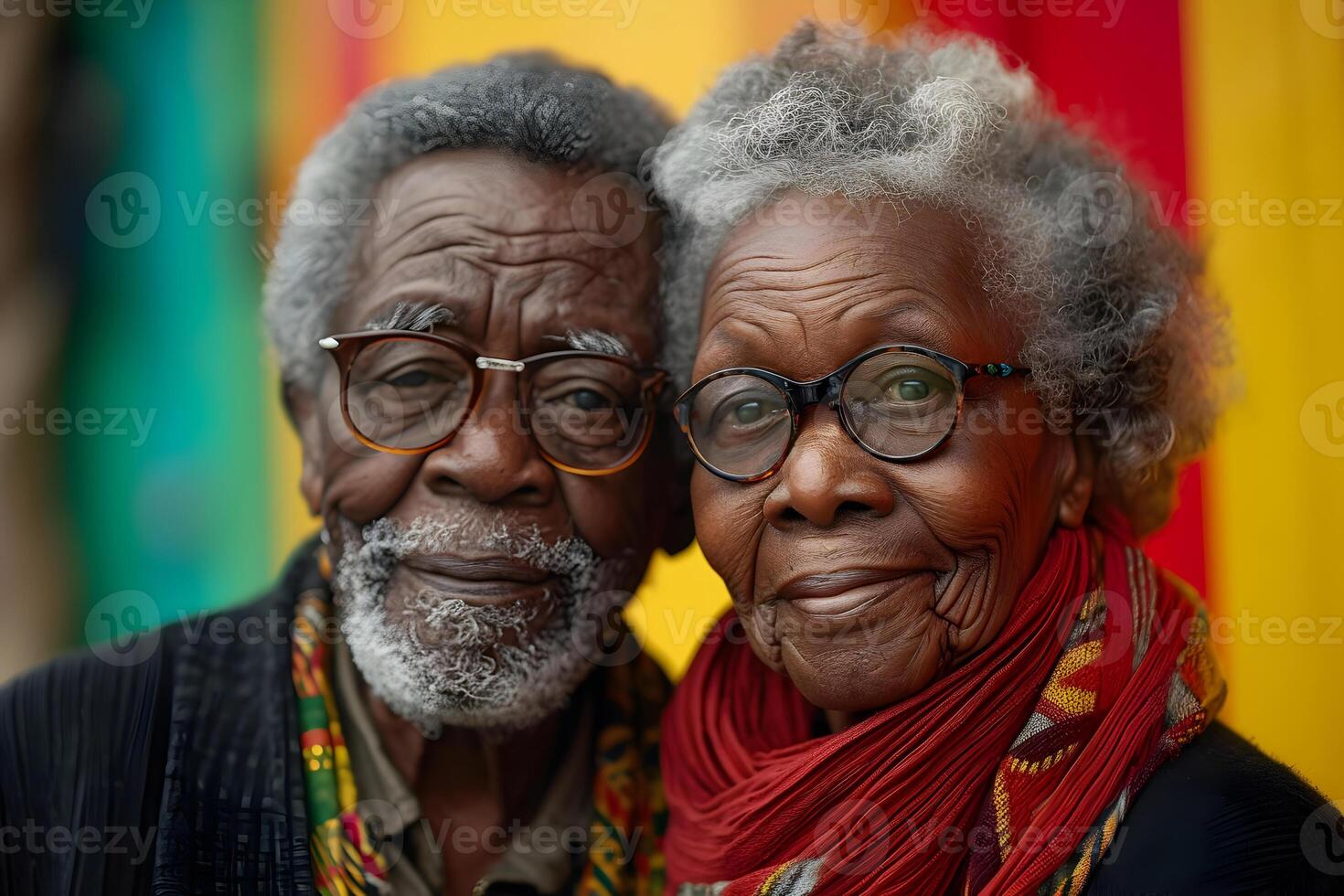 ai generiert schwarz Geschichte Monat Banner mit Afroamerikaner Alten Paar Porträt im Über rot Gelb Grün Hintergrund. 19. Juni Freiheit Tag Feier, afrikanisch Befreiung Tag Konzept. foto