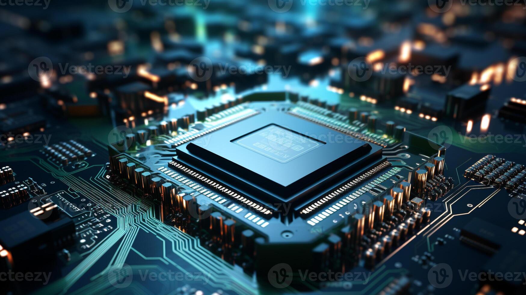 ai generiert Nahansicht von ein fortgeschritten gpu RAM Mikrochip oder Zentralprozessor von ein mächtig Computer Tafel zum künstlich Intelligenz Technologie foto