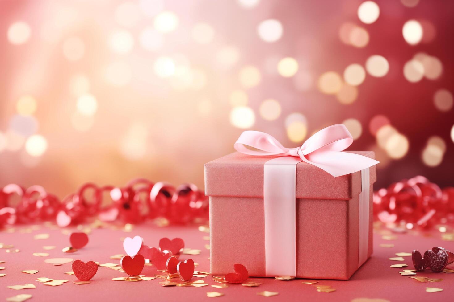 ai generiert rot Geschenk Box mit Rosa glänzend Band, Rosa Geschenk Box mit Weiß glänzend Band, viele Geschenk Box alle von Center von Bild, klar Beleuchtung, Sanft Rosa und Sanft Gold Bokeh Hintergrund foto