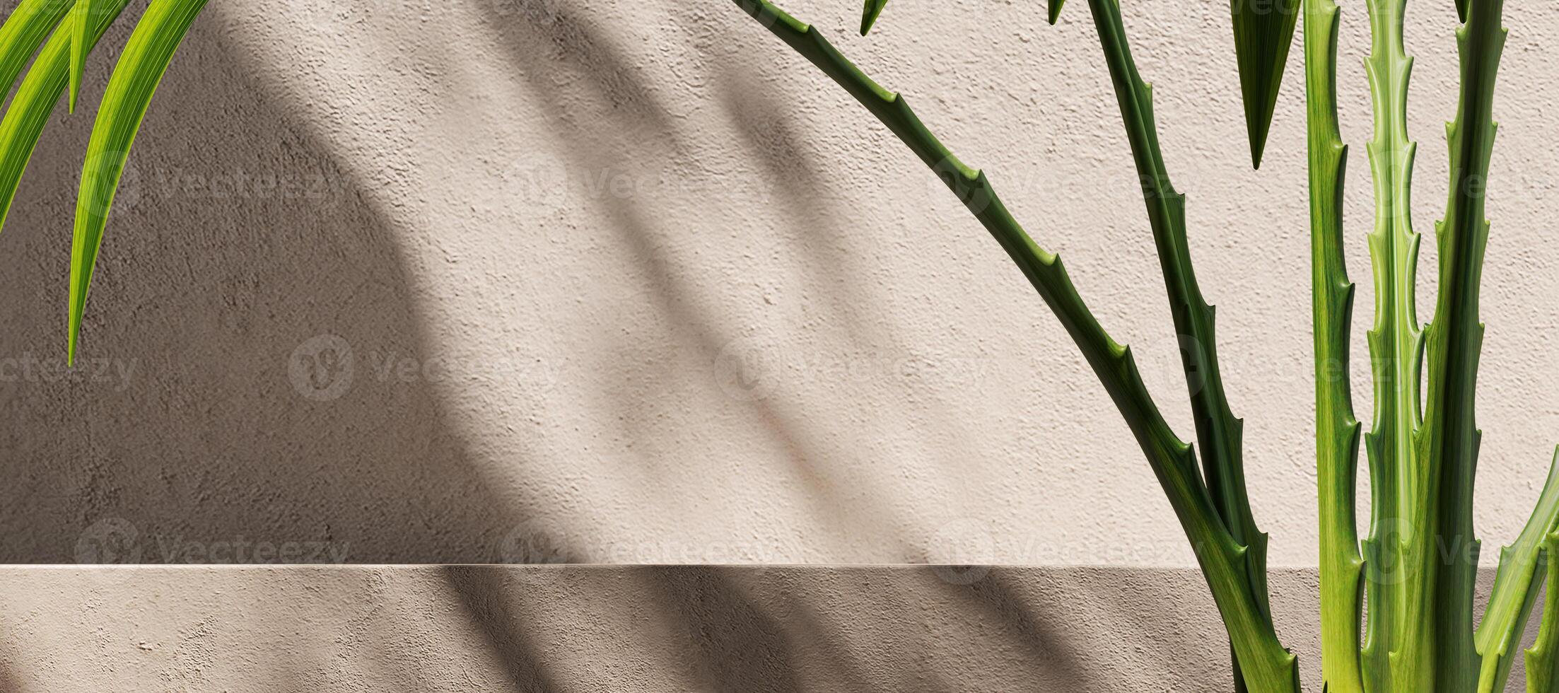 Beige Zement Plattform und klein Pflanze auf Beige Wand, Sonnenschirm auf Hintergrund, abstrakt Hintergrund zum Produkt Präsentation. 3d Rendern foto