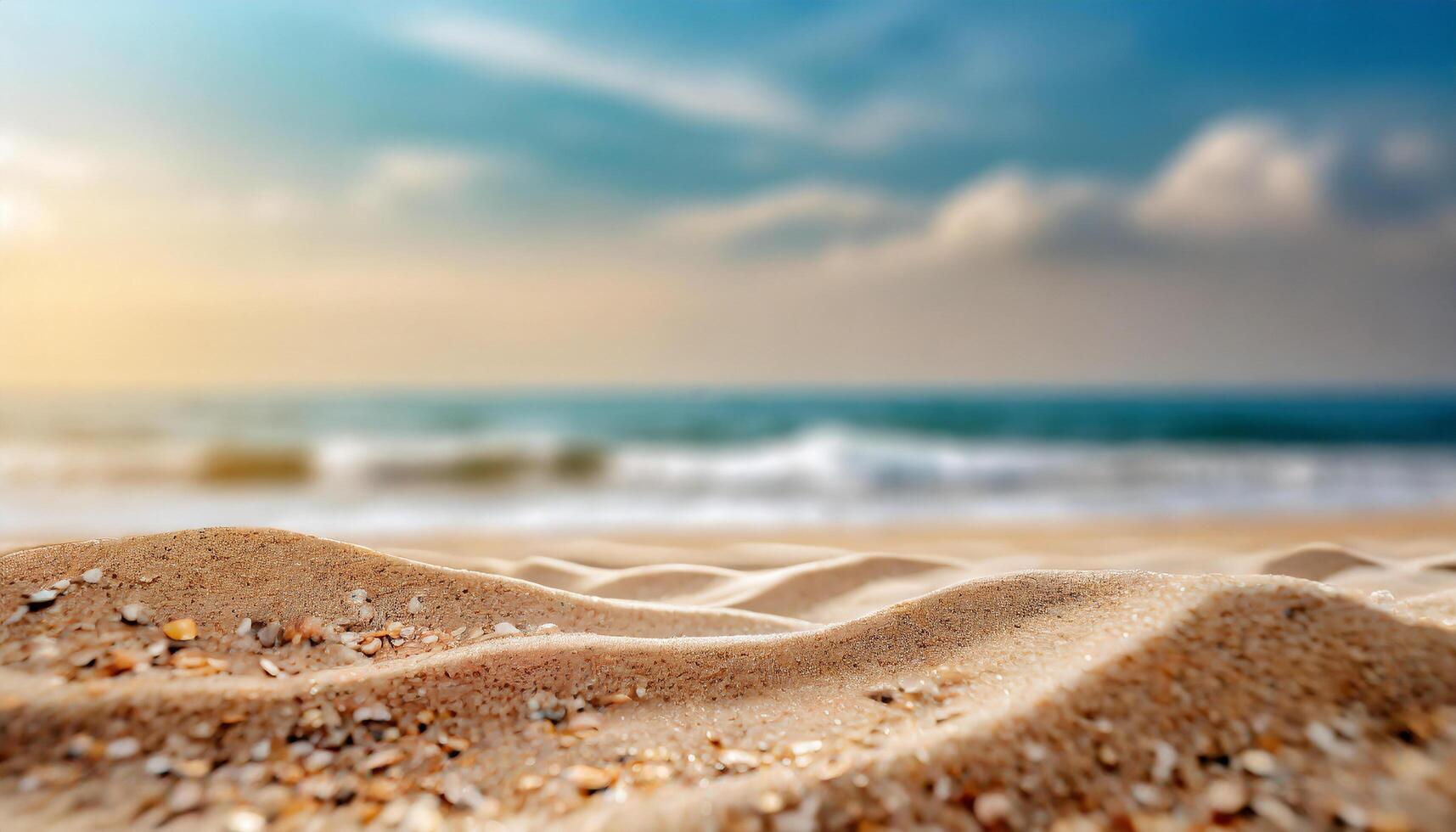 ai generiert schließen oben Sand mit verschwommen Meer Himmel Hintergrund, Sommer- Tag, Kopieren Raum oder zum Produkt. Sommer- foto