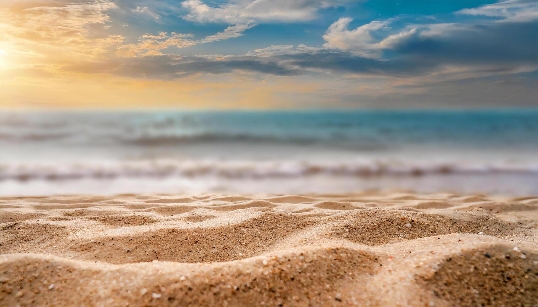 ai generiert schließen oben Sand mit verschwommen Meer Himmel Hintergrund, Sommer- Tag, Kopieren Raum oder zum Produkt. Sommer- foto