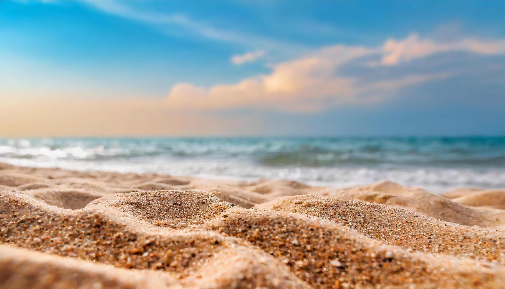 ai generiert schließen oben Sand mit verschwommen Meer Himmel Hintergrund, Sommer- Tag, Kopieren Raum oder zum Produkt. Sommer- foto