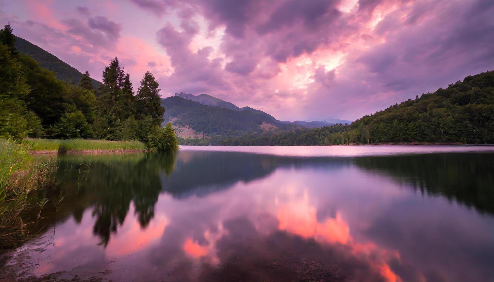 ai generiert schön Rosa wolkig Sonnenuntergang Über ein immer noch Berg See, dramatisch Farben fotografieren foto