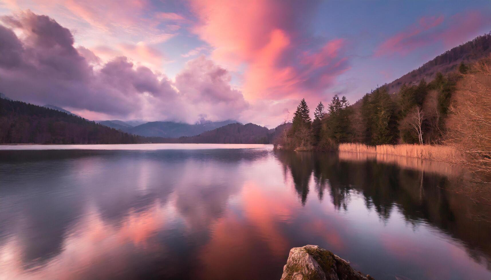 ai generiert schön Rosa wolkig Sonnenuntergang Über ein immer noch Berg See, dramatisch Farben fotografieren foto