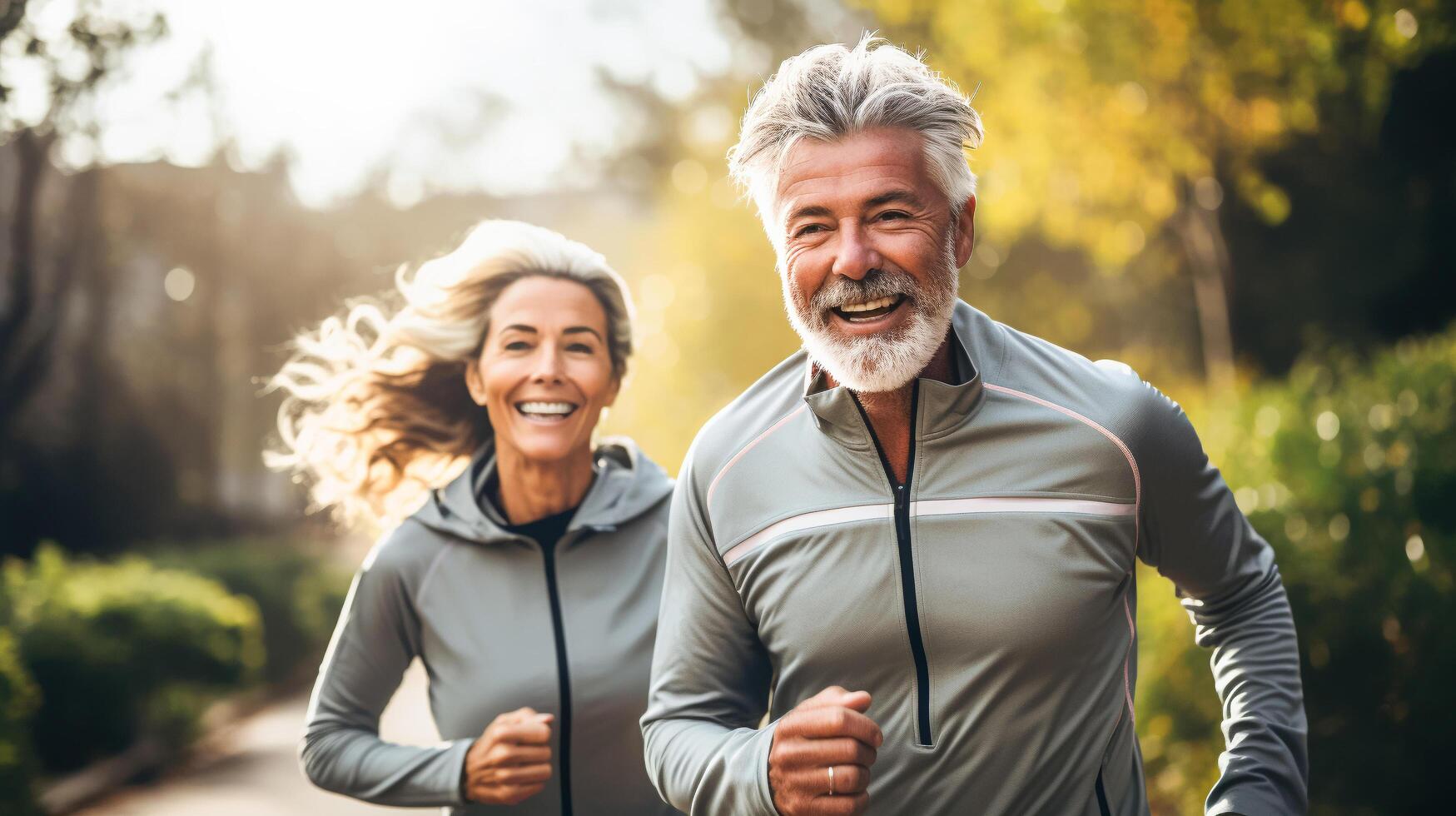 ai generiert lächelnd Senior Paar jrunning im das Park. Sport Aktivitäten Fitness Übungen zum Alten Menschen foto