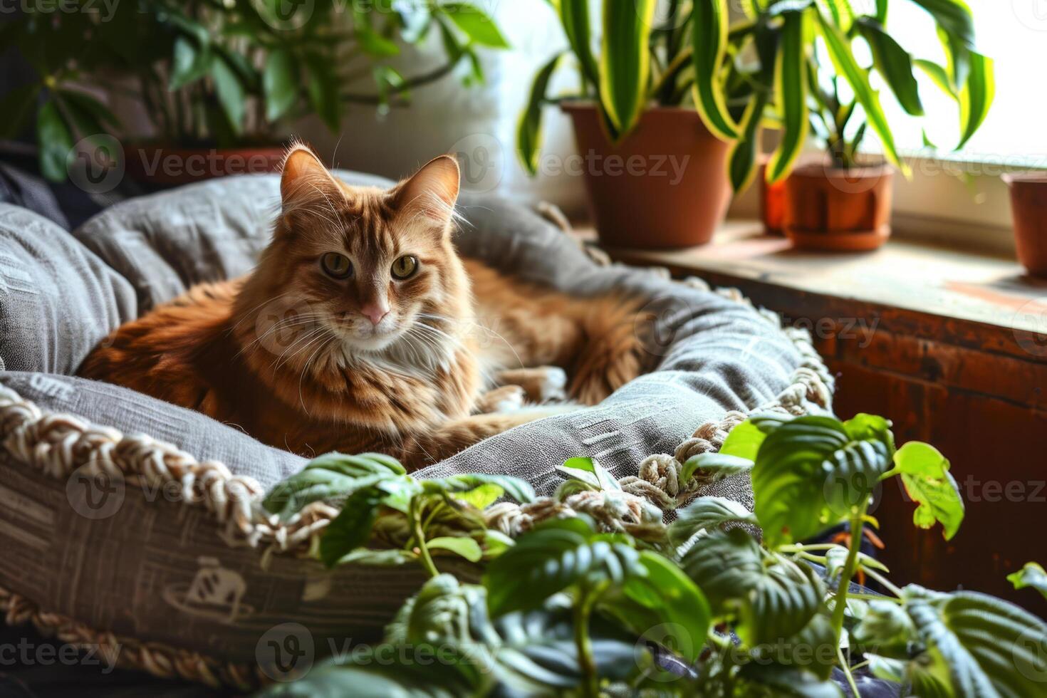 ai generiert Innere von Licht Leben Zimmer mit Pflanzen und gemütlich Haustier Bett. süß Katze Lügen im Haustier Bett. generativ ai foto