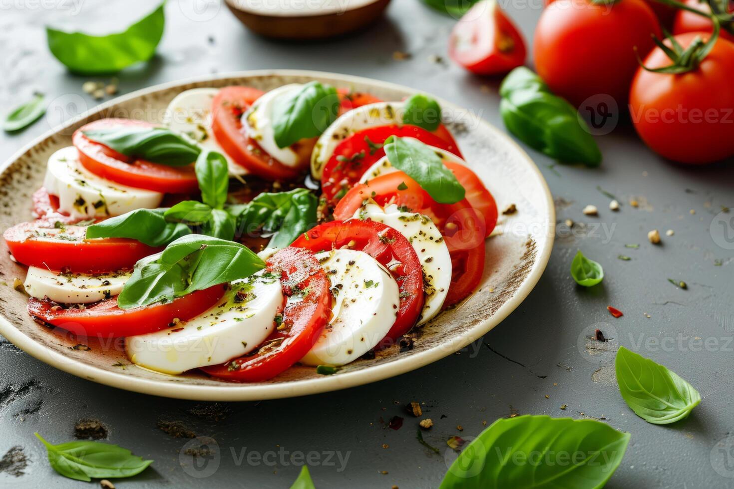 ai generiert Caprese Salat mit geschnitten Tomaten, Mozzarella, Basilikum, Olive Öl. organisch und gesund. generativ ai foto