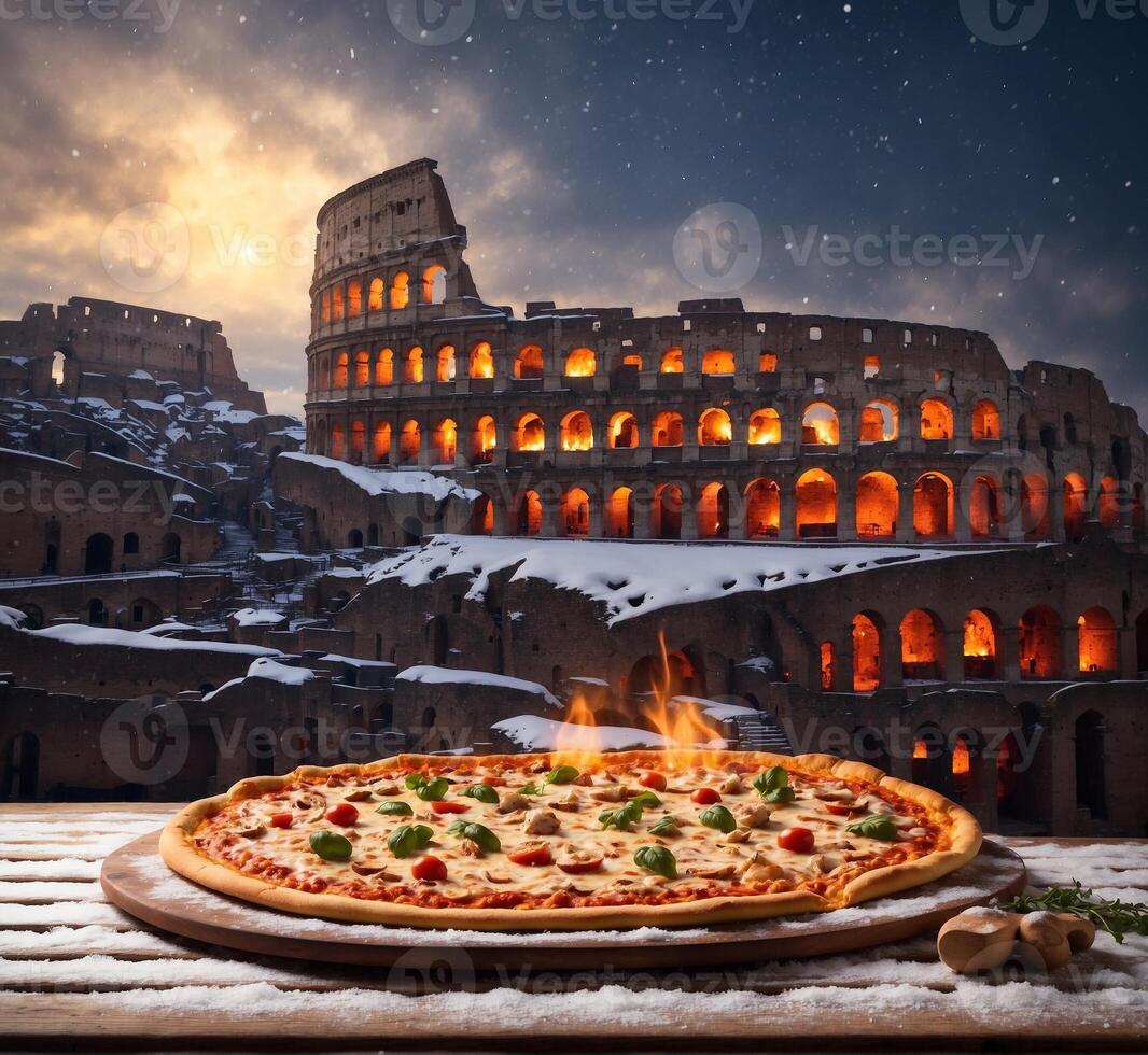 ai generiert Pizza im Vorderseite von Kolosseum im Rom, Italien foto