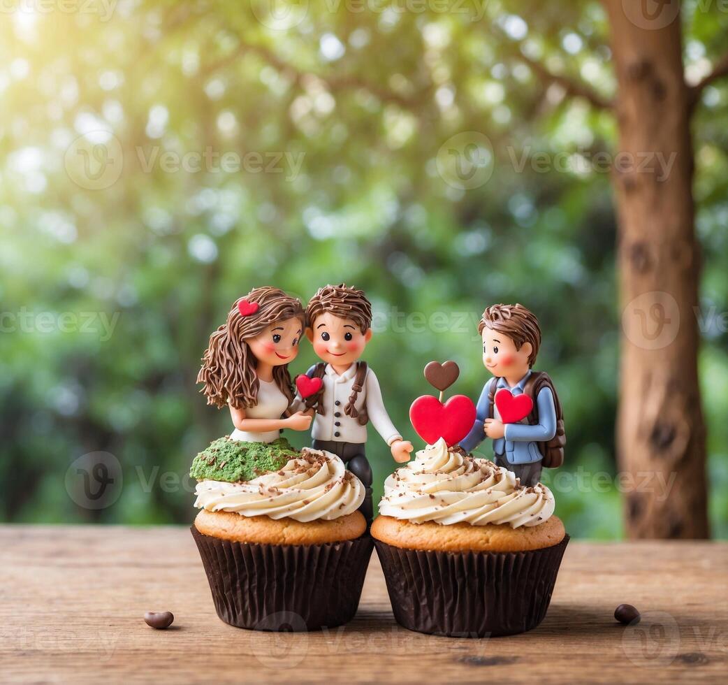 ai generiert Cupcakes mit Cupcake Mann und Frau im Liebe auf hölzern Tabelle foto