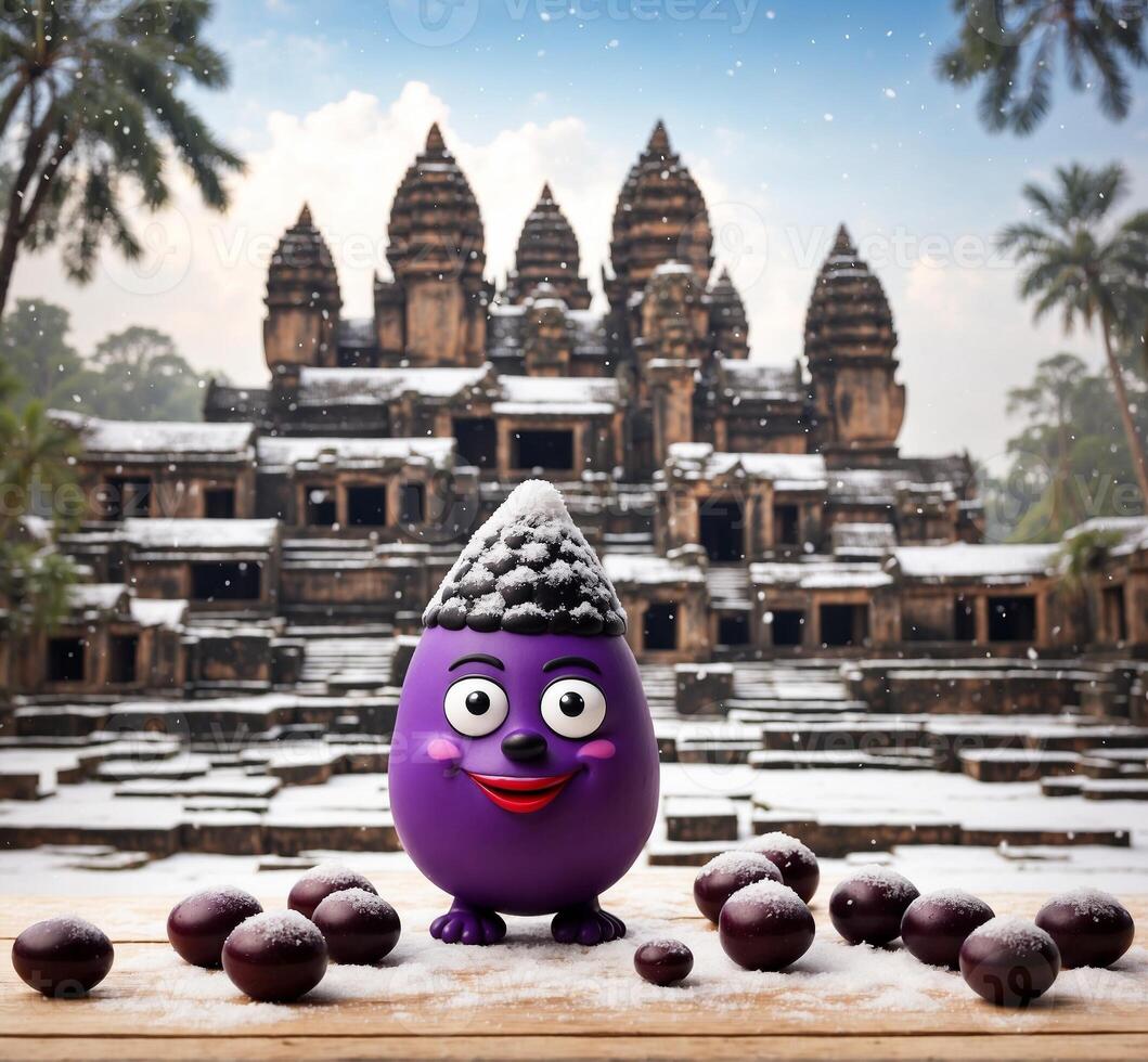 ai generiert lila Maskottchen im das bilden von ein Ei mit ein Hut auf seine Kopf steht auf ein hölzern Tabelle gegen das Hintergrund von das Tempel Komplex von Angkor wat im Kambodscha foto