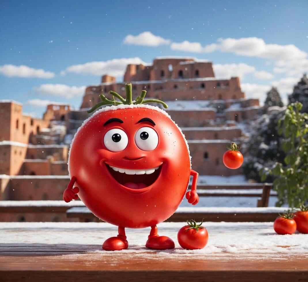ai generiert komisch Tomate mit rot Gesicht auf das Hintergrund von das uralt Stadt. foto