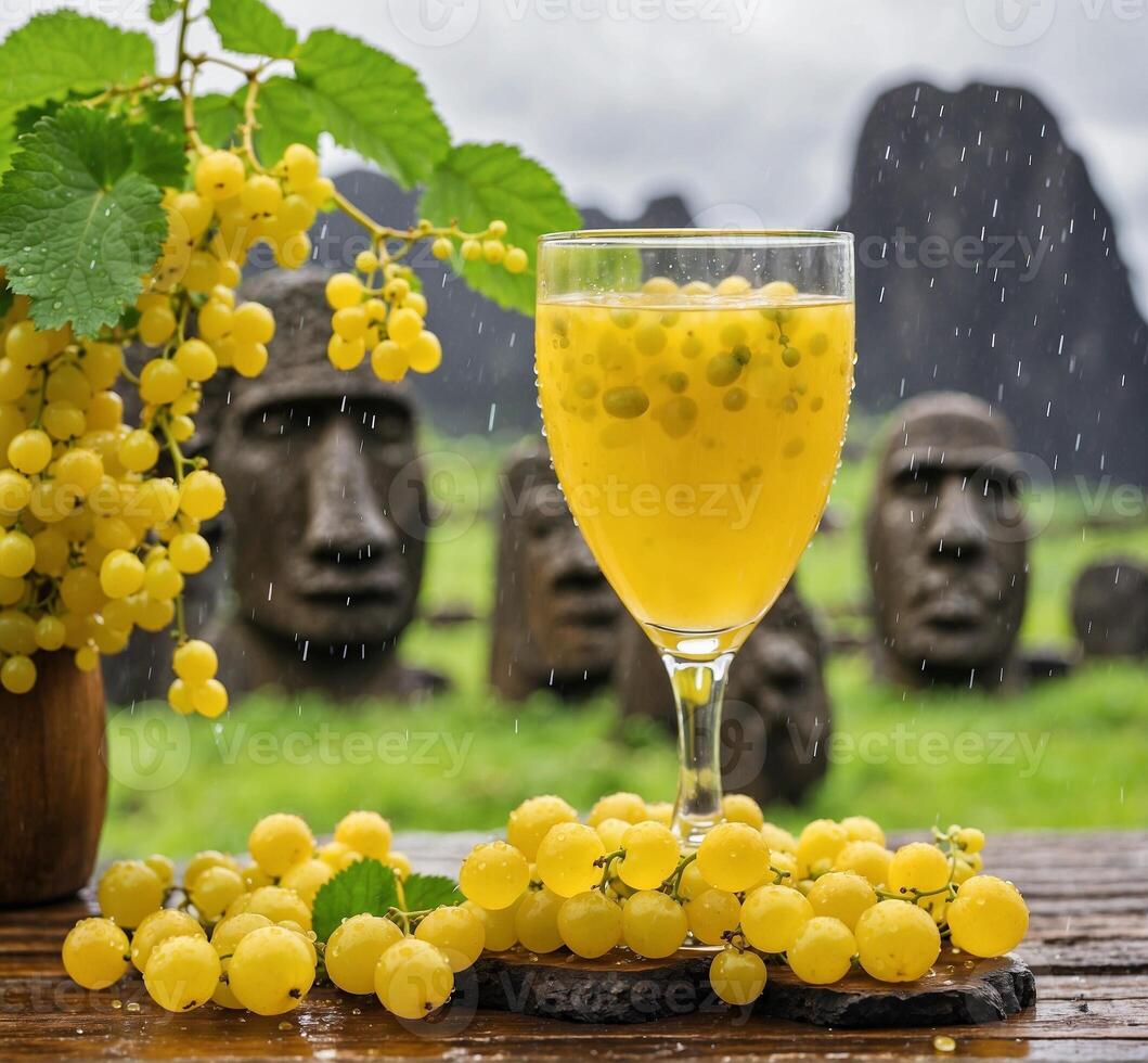 ai generiert Gelb Johannisbeere Saft im ein Glas gegen das Hintergrund von das Statue von das Götter von Island. foto