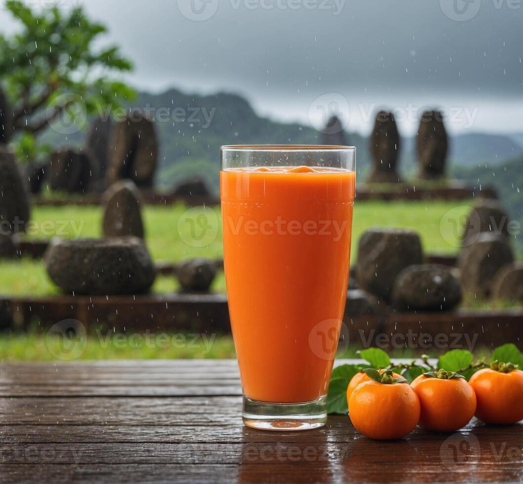 ai generiert Persimmon Saft im Glas mit frisch Persimmon Obst auf hölzern Tabelle foto