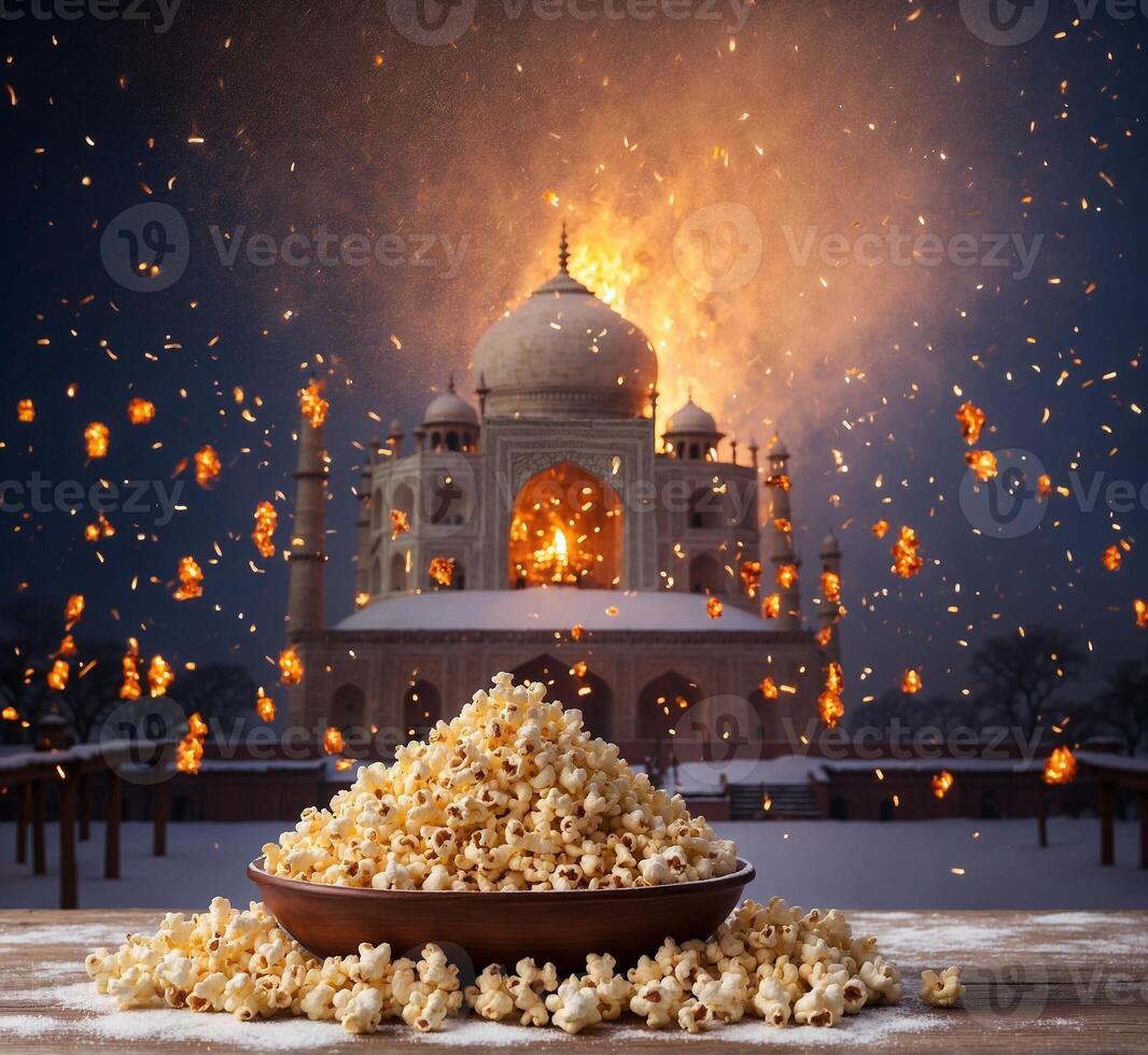 ai generiert Popcorn im Schüssel auf hölzern Tabelle mit taj Mahal im Hintergrund foto