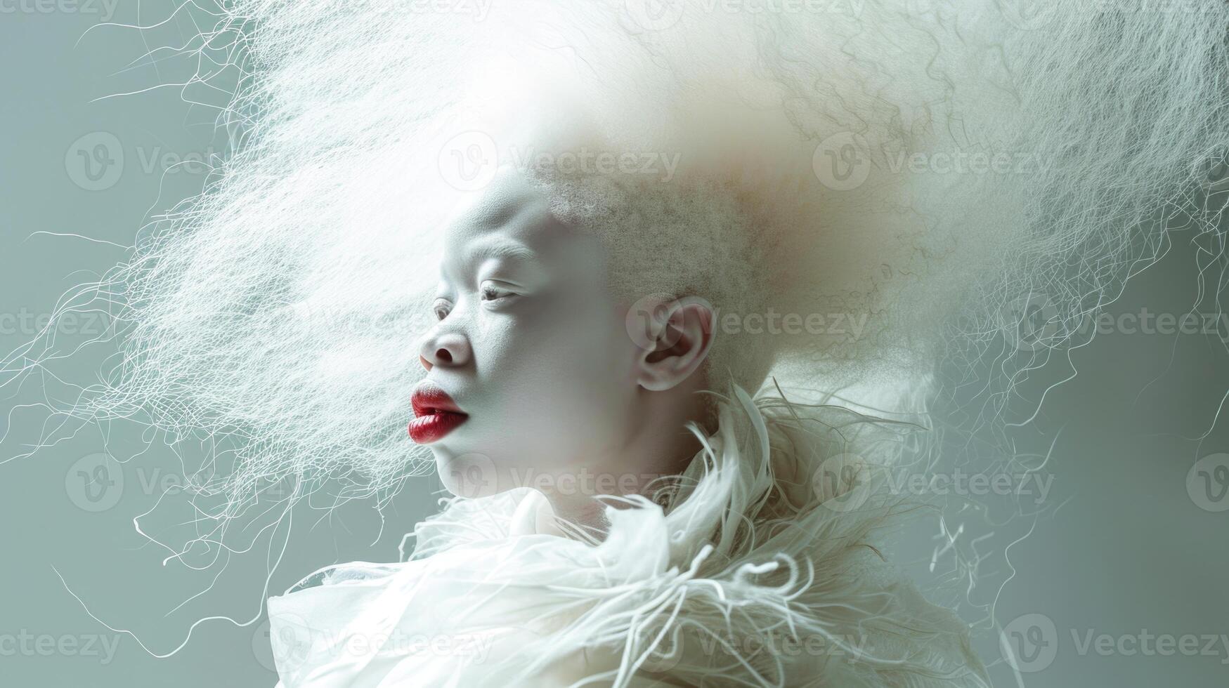 ai generiert Porträt von ein Albino afrikanisch Mädchen mit Weiß Haar Nahansicht foto