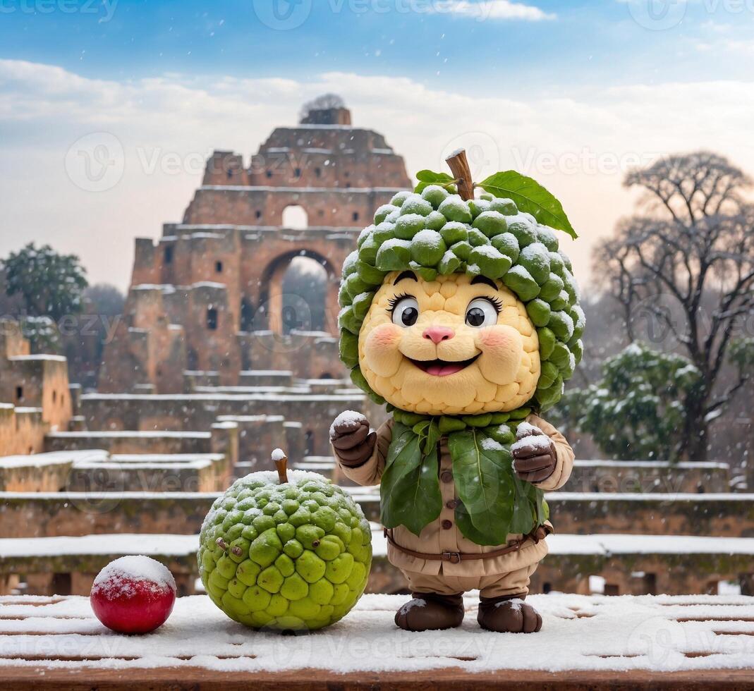 ai generiert Pudding Apfel Maskottchen Charakter und Äpfel auf das Hintergrund von Kolosseum im Rom, Italien foto