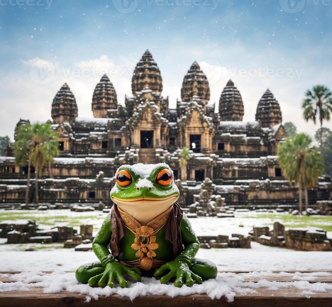 ai generiert Frosch im Vorderseite von Angkor Was, siem ernten, Kambodscha foto