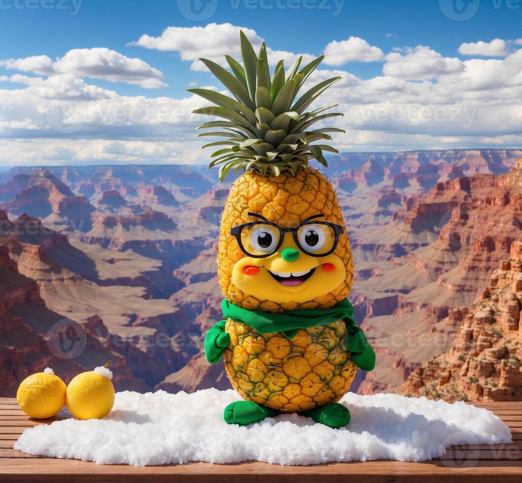 ai generiert komisch Ananas Charakter mit Brille auf das Hintergrund von großartig Schlucht foto