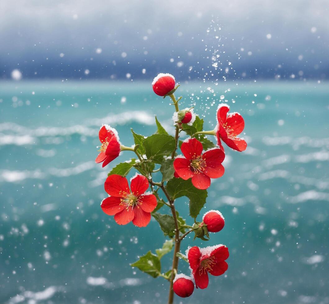 ai generiert schön rot Blumen auf das Hintergrund von das Meer und Schneefall foto