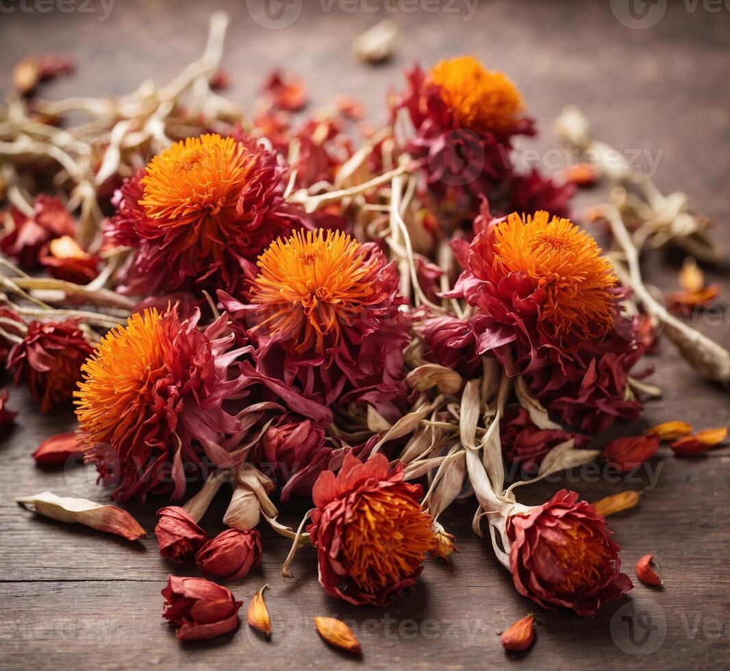 ai generiert getrocknet Ringelblume Blumen auf ein hölzern Hintergrund. selektiv Fokus. foto