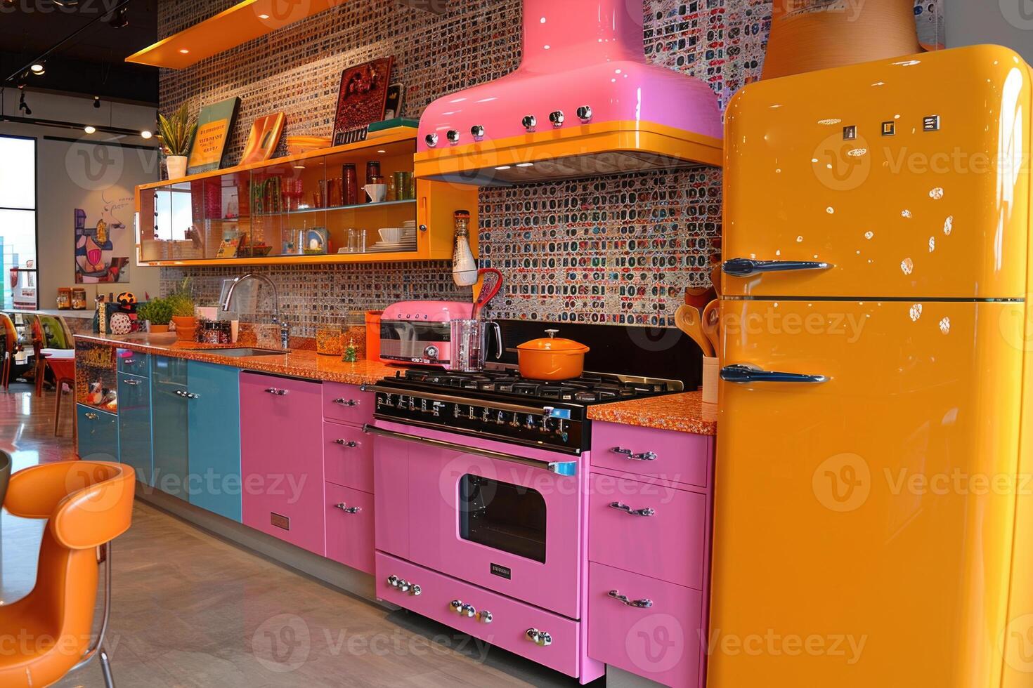 ai generiert bunt Innere von ein modern Küche. Reich Innere Farben foto