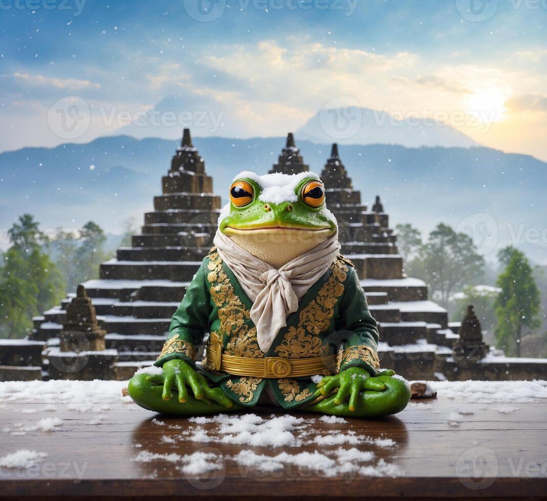 ai generiert Frosch Sitzung auf ein hölzern Tabelle im Vorderseite von das Tempel im Bali, Indonesien foto