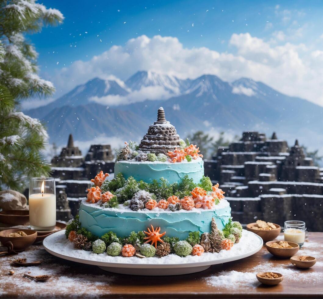 ai generiert fröhlich Weihnachten und glücklich Neu Jahr. Kuchen auf das Hintergrund von das Berge foto