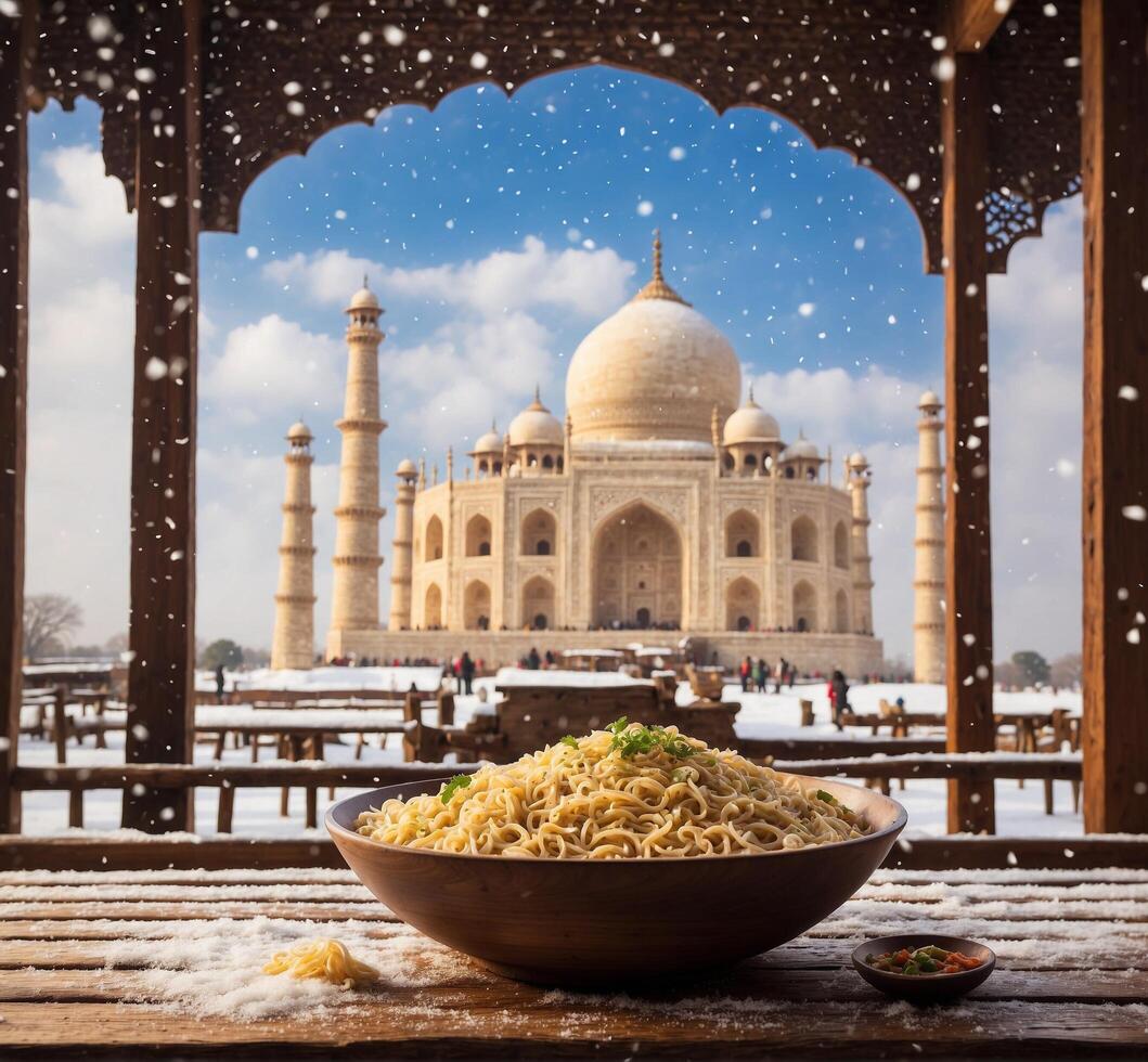 ai generiert ein Schüssel von Nudeln im Vorderseite von taj Mahal, agra, uttar Pradesch, Indien. foto