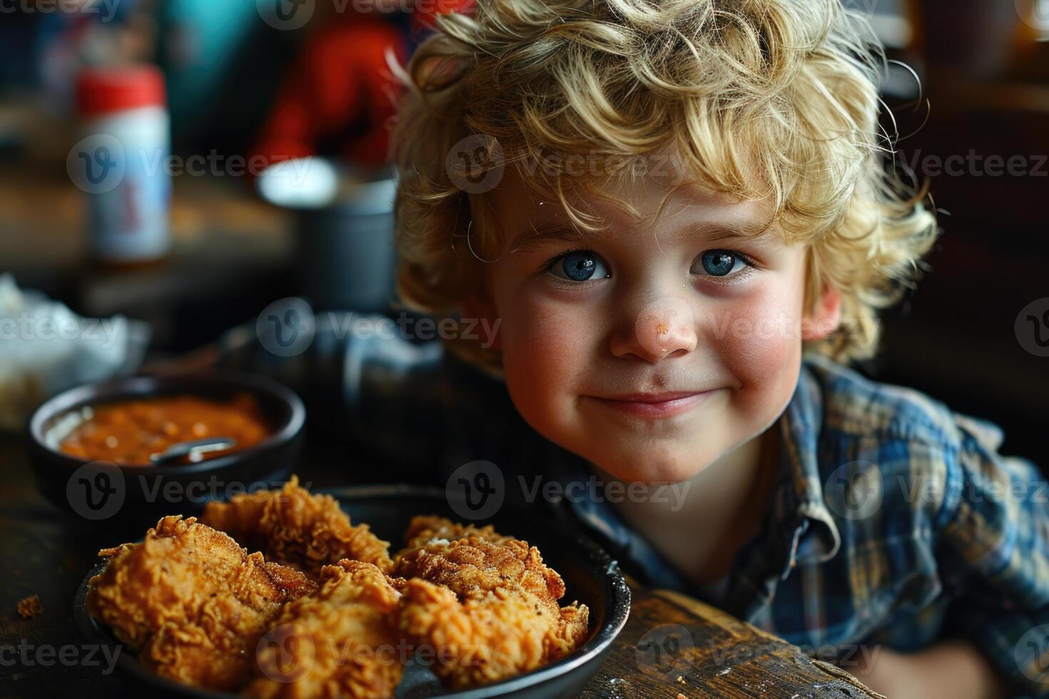 ai generiert ein Kind ist im das Küche beim das Tabelle mit Lebensmittel. hausgemacht Lebensmittel. Mittagessen foto