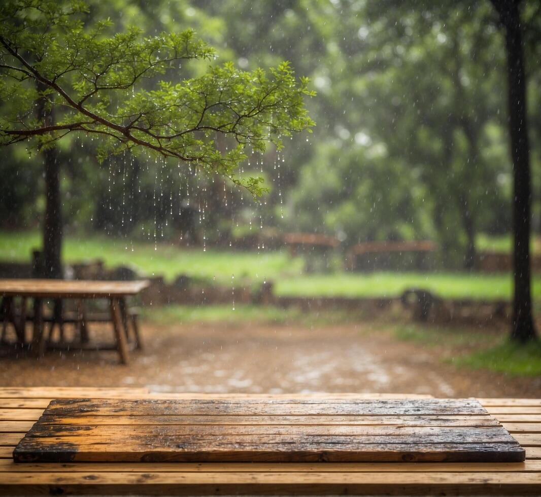 ai generiert leeren hölzern Tabelle mit Regen Tropfen im das Park Hintergrund, Produkt Anzeige Montage foto