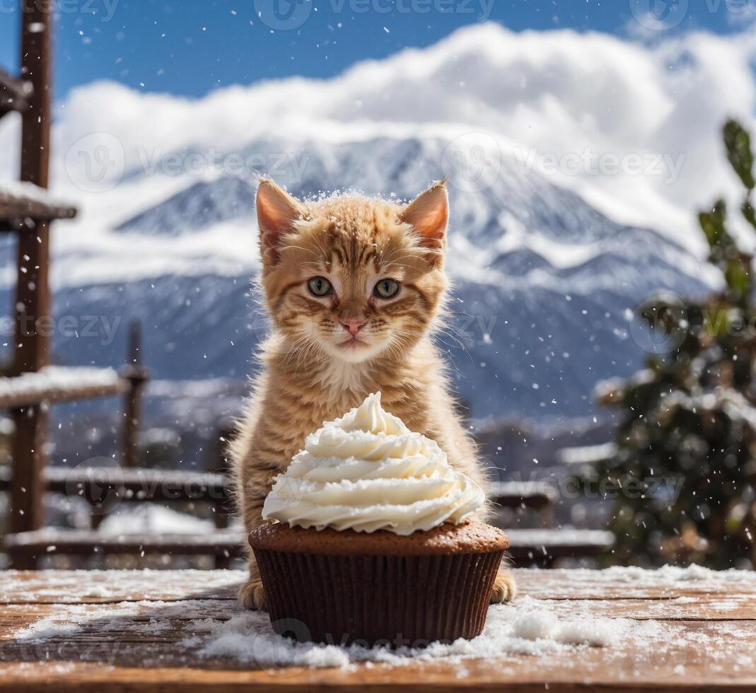 ai generiert Ingwer Kätzchen mit Cupcake und Schnee auf Hintergrund von schneebedeckt Berg foto