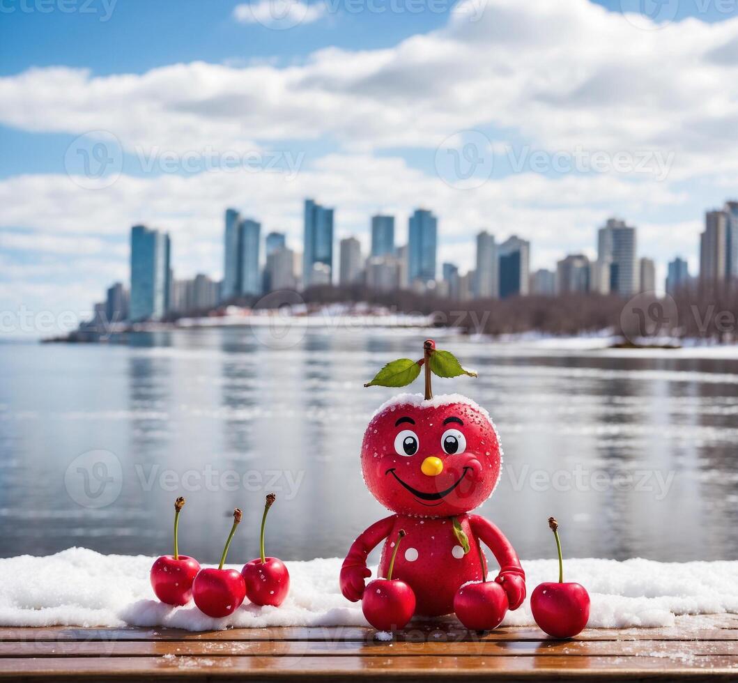ai generiert komisch Kirsche Maskottchen mit Kirsche auf das Hintergrund von das Stadt im Winter foto